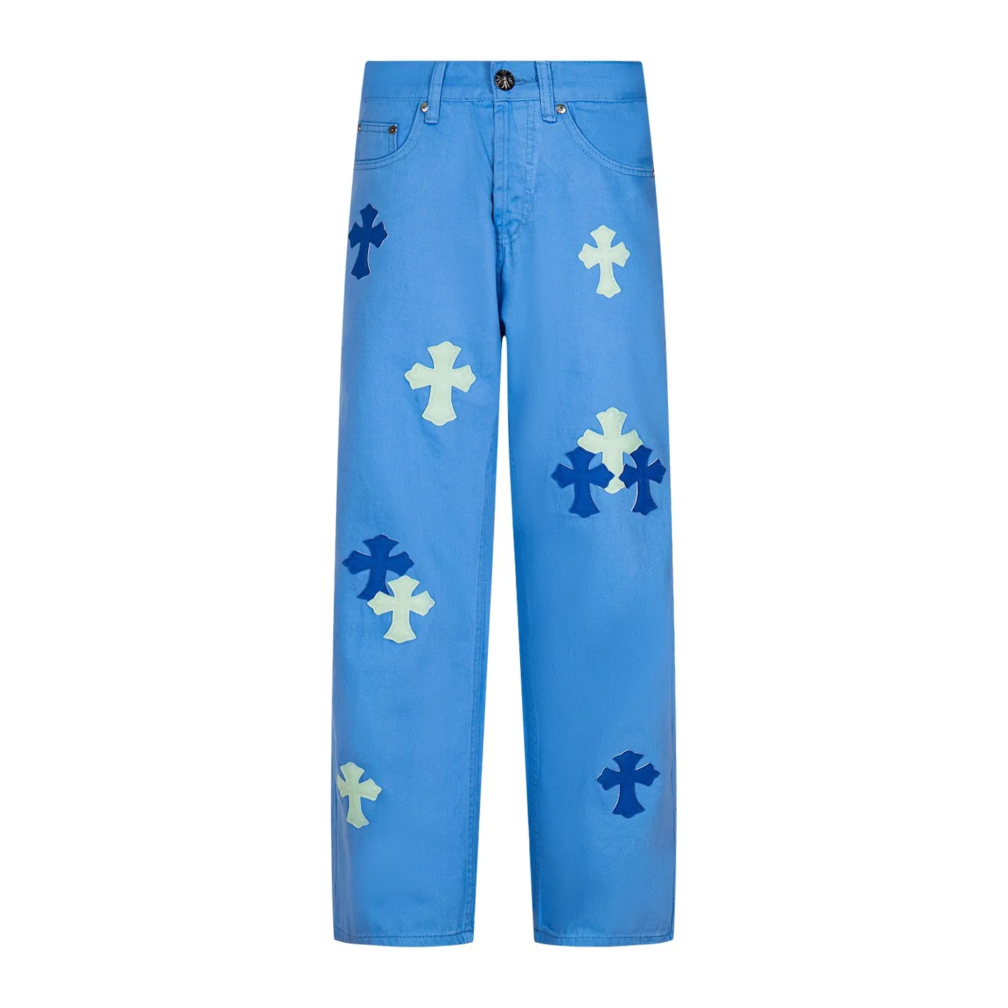 P270 CHROME HEARTS 25ss dopamine light blue cross patch leather washed jeans - Full of exploring the ultimate in fashion, Chrome Hearts' new Chrome Hearts pants not only present a unique style, the fresh ice blue color looks particularly youthful and energetic. The mid-high waist design is paired with a lazy and casual style, which not only shows long legs but also maintains a casual feel. It is a must-have fashion choice for trendy men and trendy women. Style number: 1752# Color: Dopamine light blue Size: 28 30 32 34